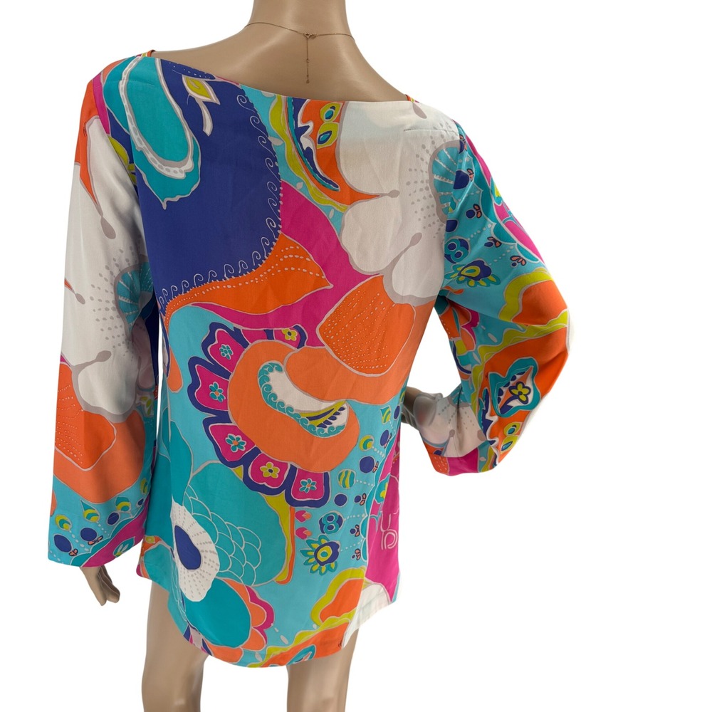 Trina Turk Silk Blouse Womens Medium Multicolored Floral Boat Neck Top - Picture 6 of 16
